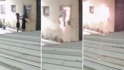 Imagens mostram criminosos ateando fogo em apartamento de PM