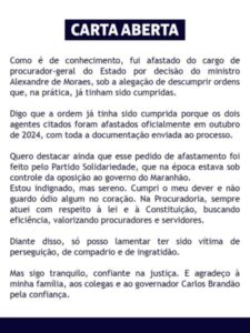 Valdênio Caminha divulga Carta Aberta após saída da PGE