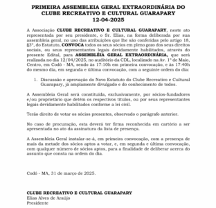 Sábado, dia 12: Associação CLUBE RECREATIVO E CULTURAL GUARAPARY realizará Assembleias Ordinária e Extraordinária