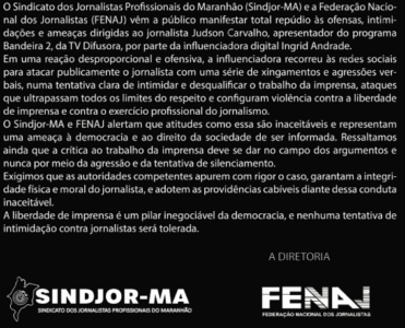 Sindjor-MA e FENAJ repudiam ameaças de influenciadora contra jornalista