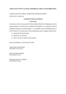 EDITAL DE CONVOCAÇÃO DE ASSEMBLEIA GERAL EXTRAORDINÁRIA ASSOCIAÇÃO FOLCLÓRICA BUMBA MEU BOI DE MATINHA