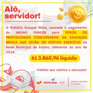 Prefeito Enoque Mota beneficia profissionais da Educação com abono de R$ 3.860,96