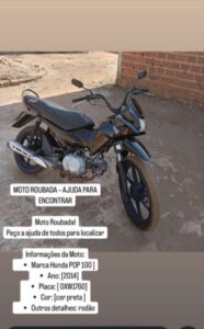 Moto furtada na Arena Raifran, em Pastos Bons; proprietário pede ajuda para encontrá-la