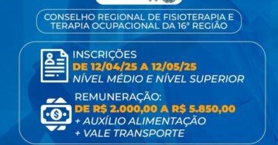 Crefito 16, em São Luis, abre inscrições para concurso público. São ofertadas vagas para cargos em nível médio e superior