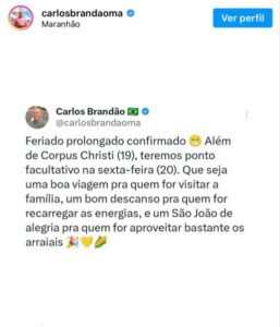 Governo do Maranhão decreta ponto facultativo na sexta-feira (20) após Corpus Christi