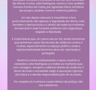 Vereadora Leda Torres emite Nota de Repúdio ao caso de violência contra a mulher em Afonso Cunha