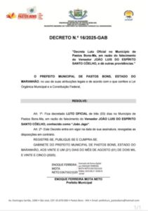 Prefeito de Pastos Bons decreta luto oficial de 3 dias pelo falecimento do vereador João Jago