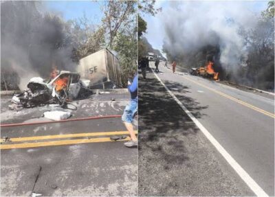 Caminhão e caminhonete pegam fogo durante colisão na BR-316 em Caxias deixando três mortos
