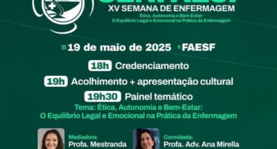 Inscrições para a XV Semana de Enfermagem da FAESF são prorrogadas até 19 de maio