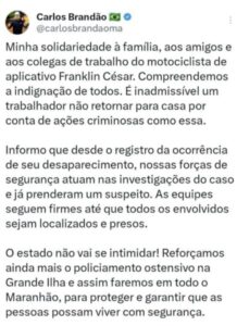Brandão se manifesta após protestos por morte de motociclista de app