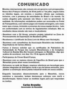 Brandão emite Comunicado sobre viagem à França