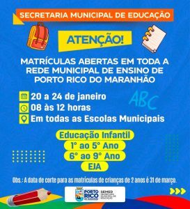 Matrículas abertas na rede Municipal de Porto Rico; confira as informações