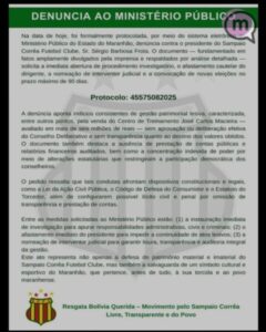 Movimento protocola denúncia contra presidente do Sampaio Corrêa no Ministério Público