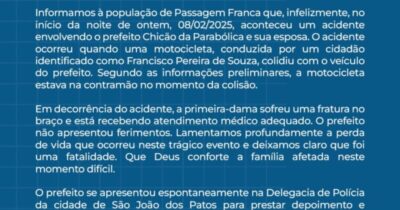 Nota de esclarecimento sobre acidente de trânsito, com Chicão da Parabólica,  prefeito da Passagem Franca