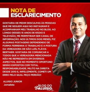 BLOGUEIRO E JORNALISTA ALUÍSIO JUNIOR FAZ UM FORTE DESABAFO EM SUAS REDES SOCIAIS ENVOLVENDO A VEREADORA FLÁVIA BERTHIER (PL)