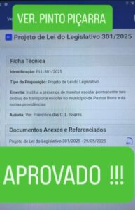 Projeto do vereador Pinto Piçarra é aprovado e garante monitor permanente em ônibus escolares de Pastos Bons