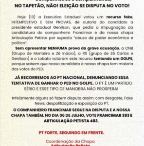 Às vésperas de eleição, presidente estadual do PT é afastado e chapa à reeleição é impugnada
