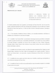 Câmara de Pastos Bons aprova criação da Medalha “Honra ao Mérito Luiz Ferreira Mota”, de autoria do presidente José Ivan