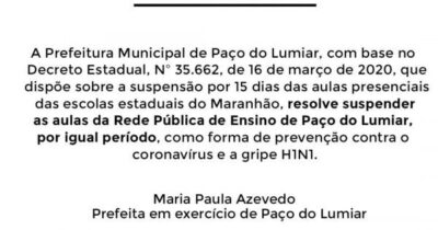 Prefeitura de Paço do Lumiar suspende aulas nas escolas municipais…