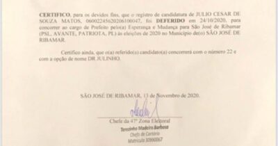 Documento emitido pela Justiça Eleitoral nesta sexta, confirma que…