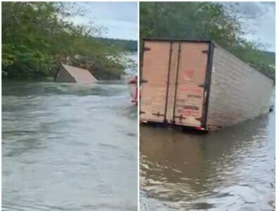 Caminhão perde o freio e cai dentro do Rio Tocantins ao tentar atravessar na balsa entre Aguiarnópolis e Estreito