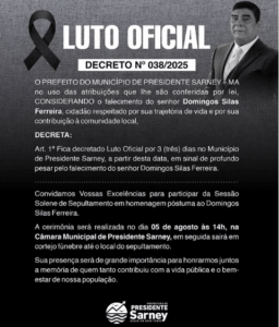 Prefeito Gilson Lima decreta luto oficial de três dias em Presidente Sarney pelo falecimento do ex-vereador Domingos Borges