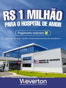 💙 R$ 1 MILHÃO para o Hospital de Amor! O pagamento já foi feito e os recursos estão garantidos para fortalecer o atendimento de excelência que o Hospital oferece aos maranhenses. Saúde é prioridade. E quando a gente une força e compromisso, o resultado é trabalho feito, recurso na conta e cuidado com as pessoas. ✅ #SenadorWeverton #HospitalDeAmor