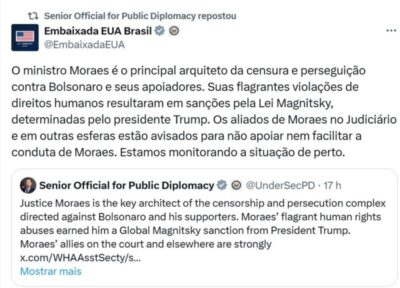 Embaixada dos EUA endossa sanções contra Moraes e fala em ‘perseguição política’