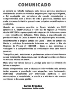 Brandão rebate oposição após crítica por compra de tablets no Maranhão