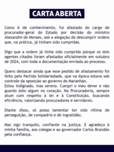 Em carta aberta, Valdênio Caminha critica decisão de Moraes e cita perseguição