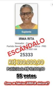 Candidatura de Irmã Rita (PRD) levanta suspeitas: R$ 100 mil por apenas 52 votos e PF em campo