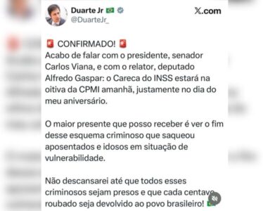 Duarte Jr. comemora depoimento de “Careca do INSS” à CPMI no dia do seu aniversário