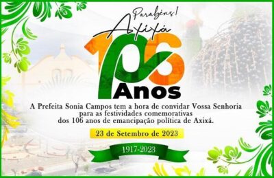 Prefeitura de Axixá divulga convite e programação do aniversário de 106 anos de Emancipação Política do Município