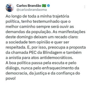 Brandão alerta para risco à democracia com PEC da Blindagem e anistia