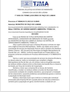 Justiça estimula multa diária de 100 mil reais e determina que empresa Titara retome, imediatamente, coleta de resíduos sólidos em Paço do Lumiar