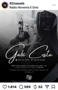 Gabi Costa, locutora da rádio 92fm, morre aos 38 anos de idade