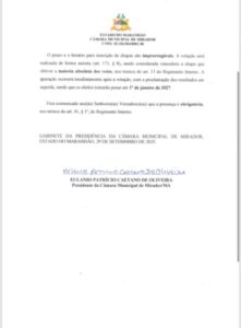 Presidente da Câmara Municipal de Mirador, Vereador Eulanio Patrício faz convocação inusitada para a antecipação da eleição da Câmara Municipal de Mirador para sexta feira, dia 03 de Outubro de 2025, do biênio 2027/2028