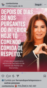 Comentário da deputada estadual licenciada e secretária de Estado da Mulher Abigail Cunha em suas redes sociais pega mal