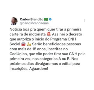 Brandão assina decreto para CNH gratuita a maiores de 18 anos cadastrados no CadÚnico