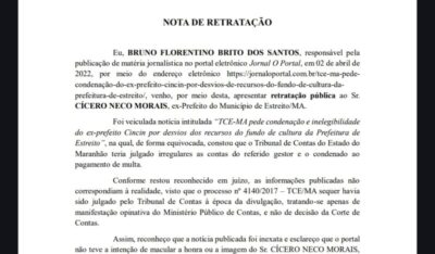 NOTA DE RETRATAÇÃO