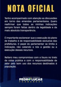 Em nota, deputado Pedro Lucas reforça que execução de emendas é responsabilidade das prefeituras