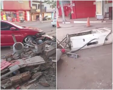 Veículo desgovernado invade posto e destrói bomba de combustível em Pinheiro