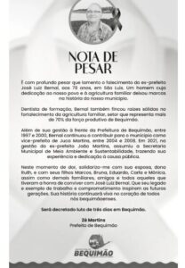 Em Nota de Pesar, prefeito Zé Martins lamenta morte do ex-prefeito José Luiz Bernal