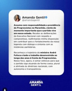 Amanda Gentil reconhece dedicação de André Fufuca ao PP