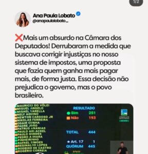 Ana Paula Lobato critica derrubada da MP do IOF e afirma que decisão ‘prejudica o povo’