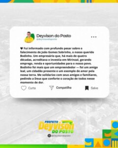 Prefeito Deyvison do Posto lamenta a morte do empresário João Gomes Sobrinho, o “Bodinho”
