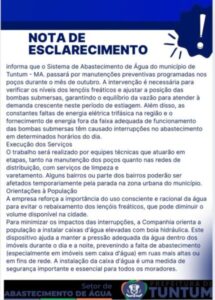 Setor de Abastecimento de água da Prefeitura de Tuntum informa