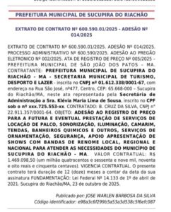 Enquanto a saúde agoniza, prefeito de Sucupira do Riachão firma ata de quase R$ 1,5 milhão para contratação festas e palcos