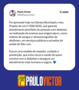 Câmara de São Luís aprova projeto de Paulo Victor que garante prioridade em exames para pessoas com diabetes