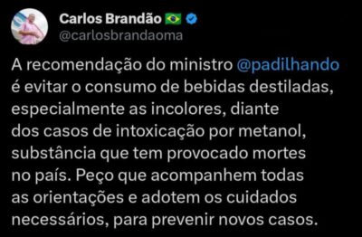 Brandão orienta população a evitar bebidas destiladas após casos de intoxicação por metanol no Brasil